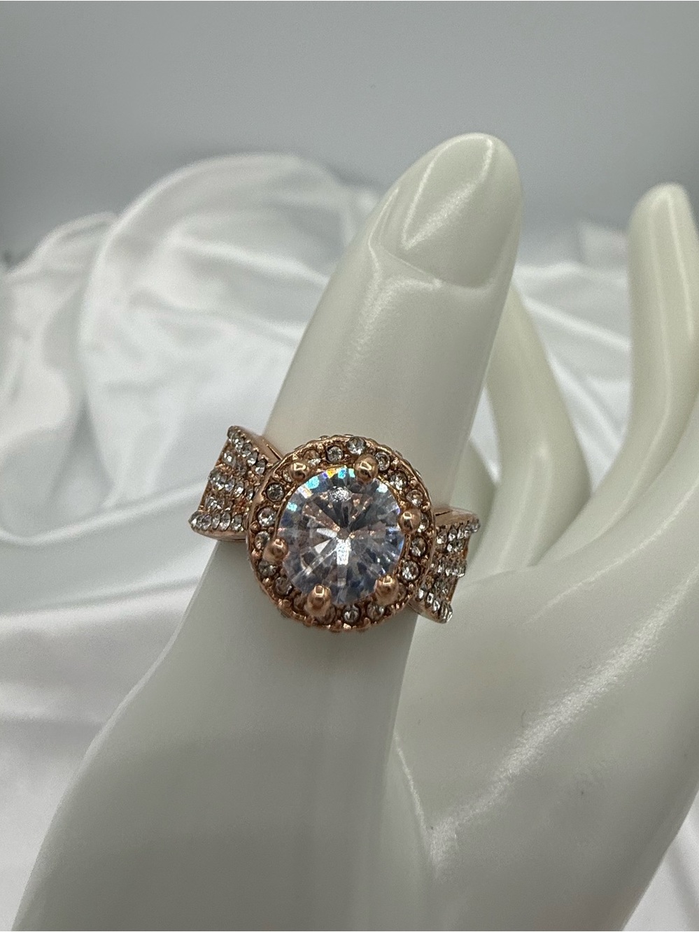 Gold Tone Size 7 Halo Round Cubic Zirconia Like Statement Ring